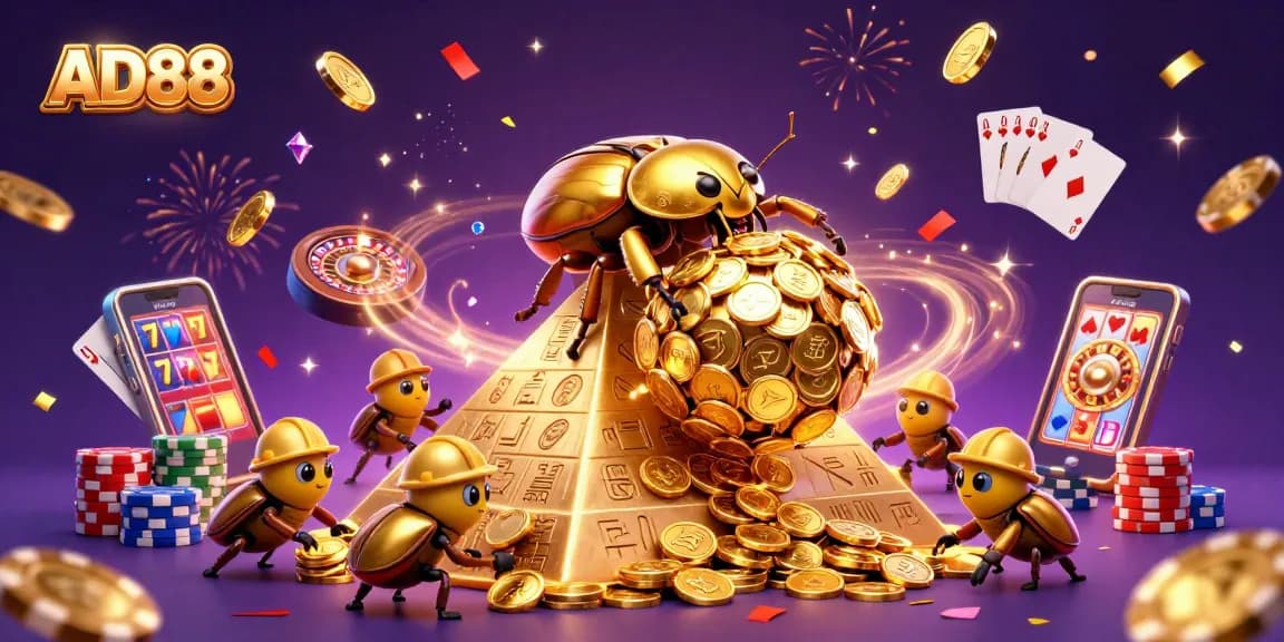 Experience the gaming excitement of AD88 as golden beetles roll coins in a vibrant casino scene.