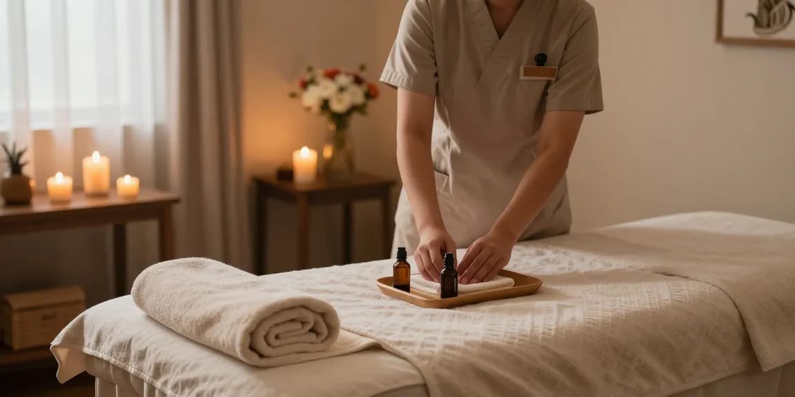 Relaxing motel room for 모텔출장마사지 with professional therapist preparing for a calming massage.