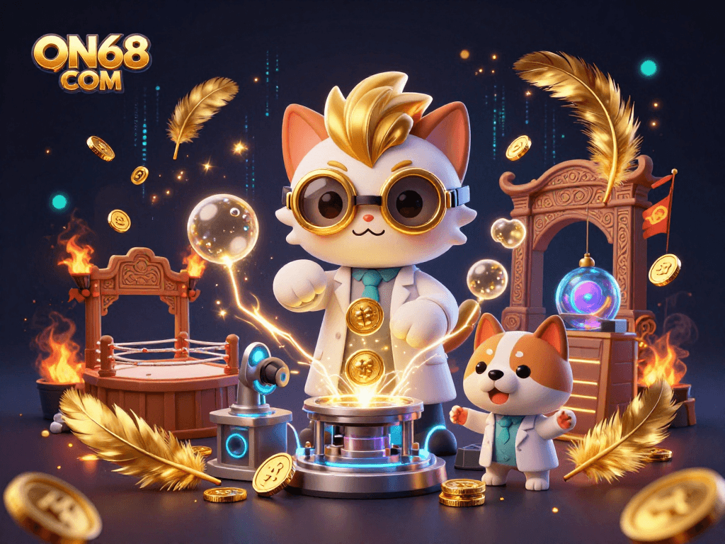 Experience gaming excitement at ON68 COM with a lively scene of a mad scientist cat and dog in a casino-themed lab.