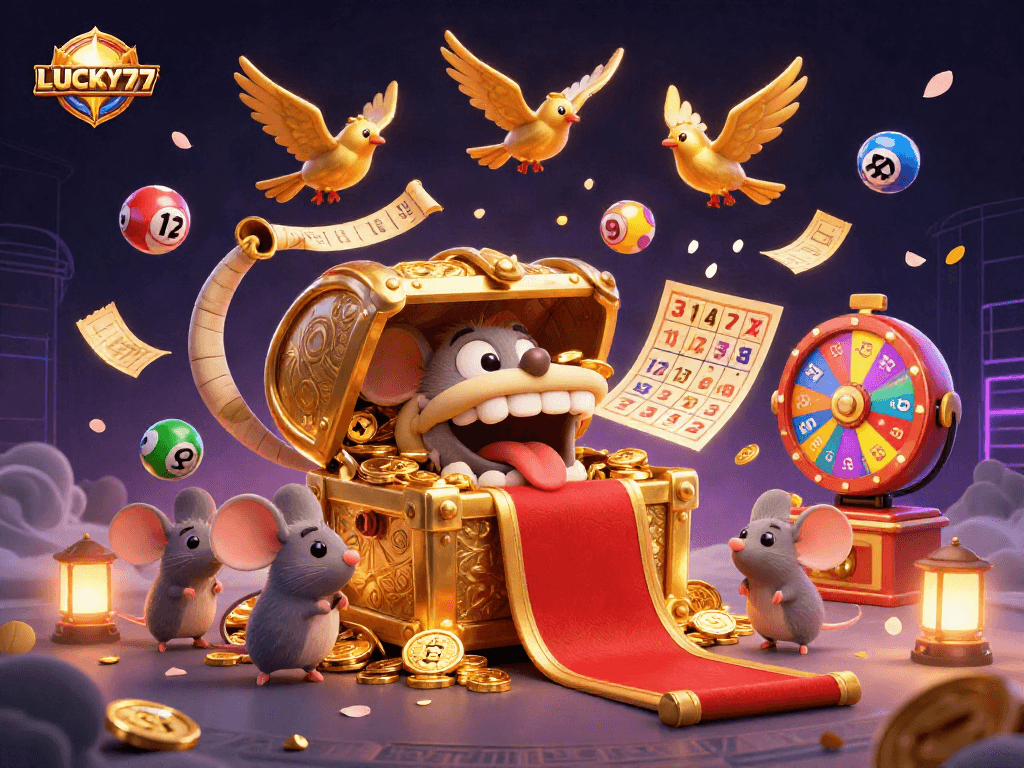 Win big with LUCKY77's vibrant lottery scene featuring colorful balls and a treasure chest.