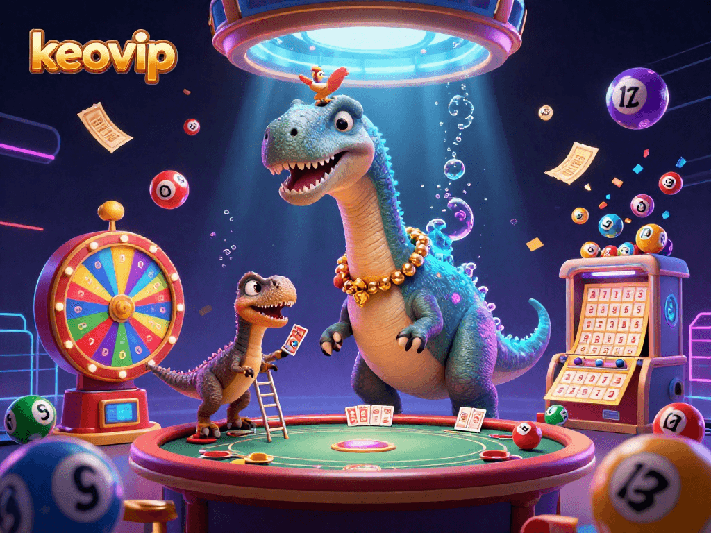 Engage with keovip's dynamic casino scene featuring a dinosaur, clever raptor, and vivid lottery elements.