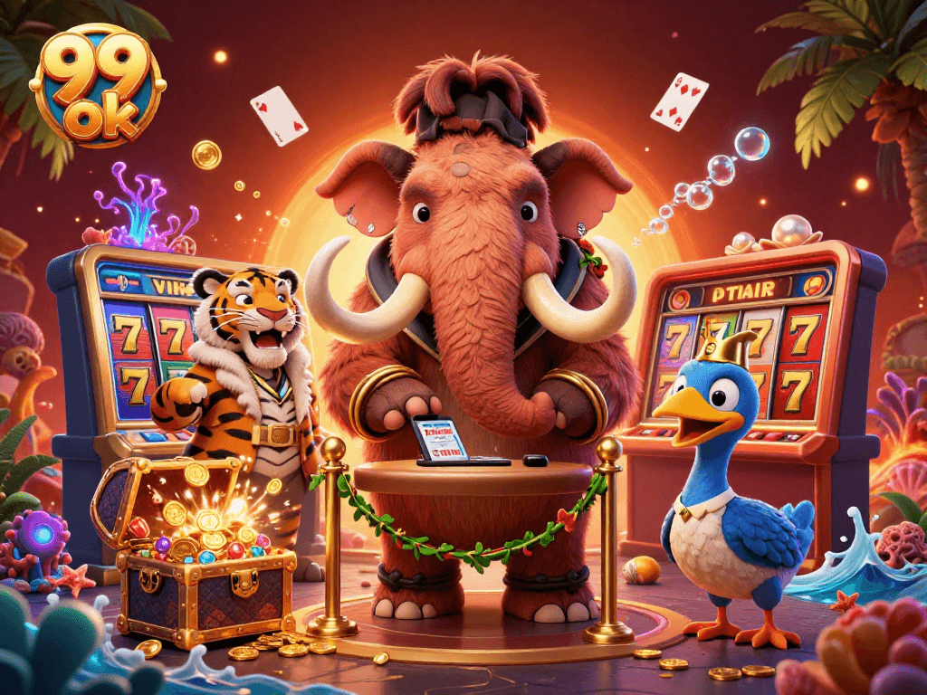 Engage with 99 ok: Cartoon scene with a mammoth bouncer and saber-tooth tiger at a vibrant casino entrance.