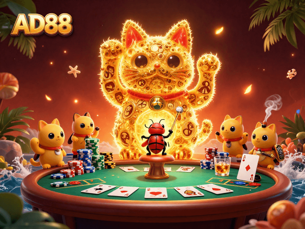 AD88 offers a vibrant casino experience featuring a lucky cat and poker elements in a stunning illustration.