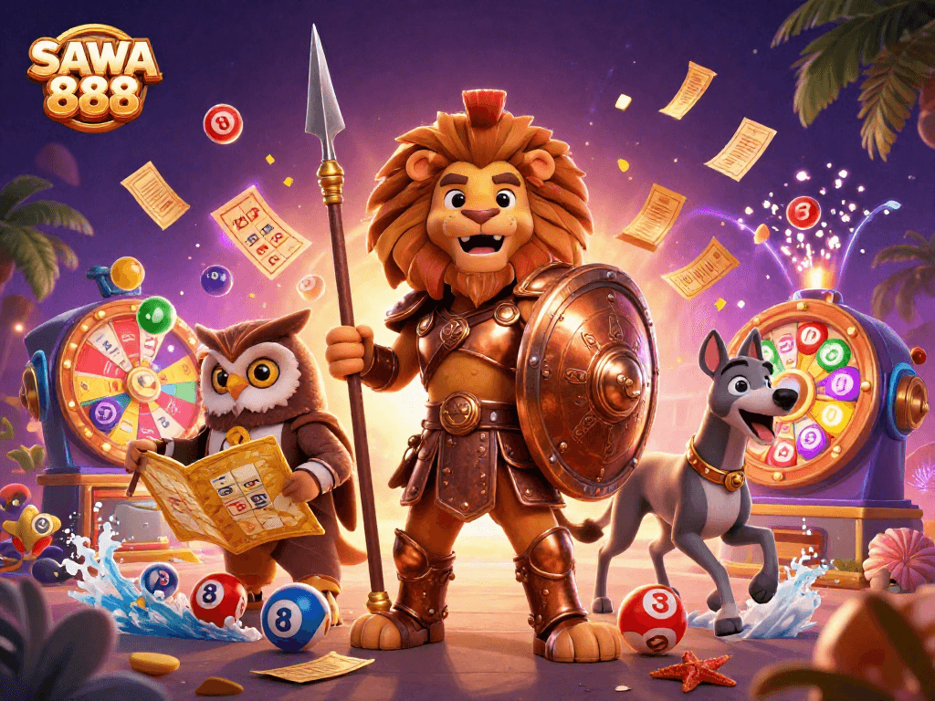 Engage with thrilling moments at SAWA 888, featuring vibrant lottery balls, dynamic characters, and casino excitement.