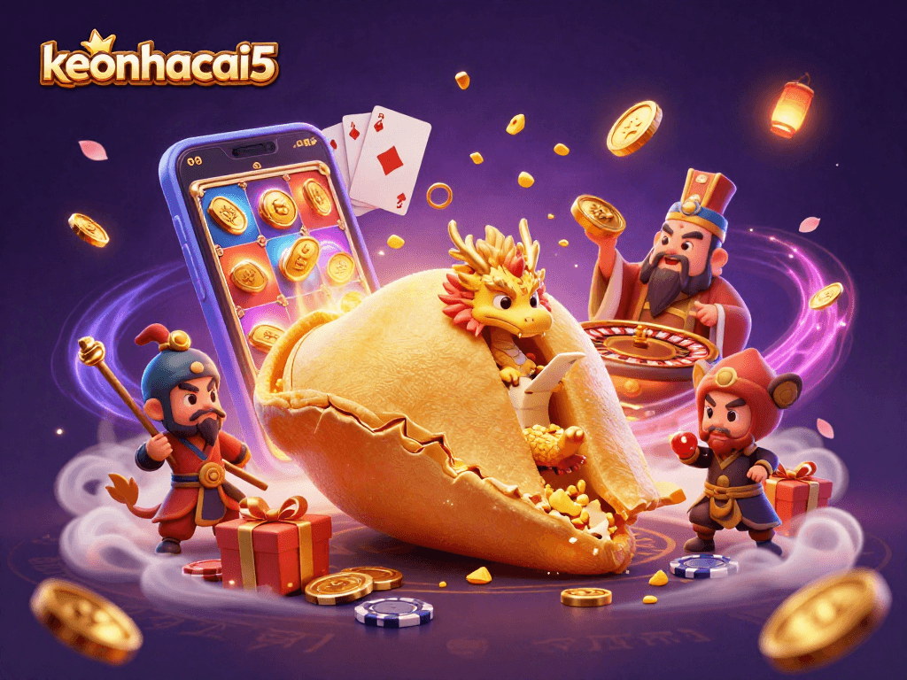 Experience the excitement of keonhacai5 with a vibrant 3D illustration of a fortune cookie, dragon, and casino elements.