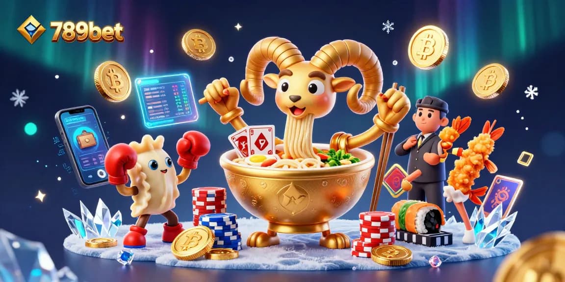 Engage with 789bet's vibrant casino scene featuring golden ramen bowl dealing cards amidst dazzling crypto elements.