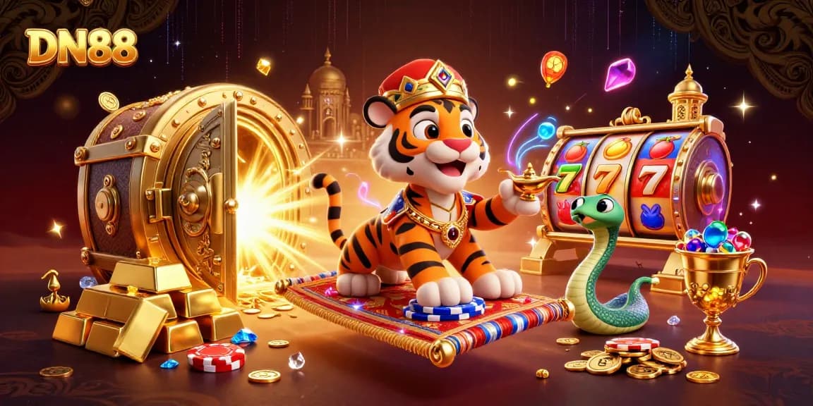 Spin and win with DN88 in this vibrant, engaging casino scene filled with treasures and excitement.