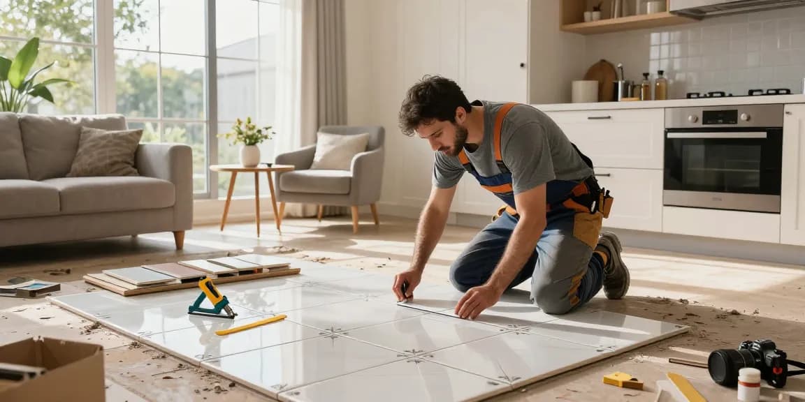 مقاول سيراميك باكستاني يقوم بتركيب بلاط سيراميك بأعلى مستويات الجودة في مطبخ عصري.