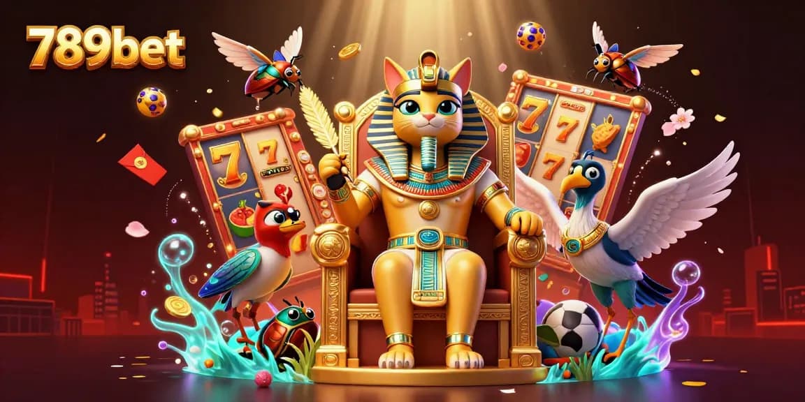 Experience the excitement of 789bet with a vibrant 3D illustration of a pharaoh cat surrounded by casino symbols.