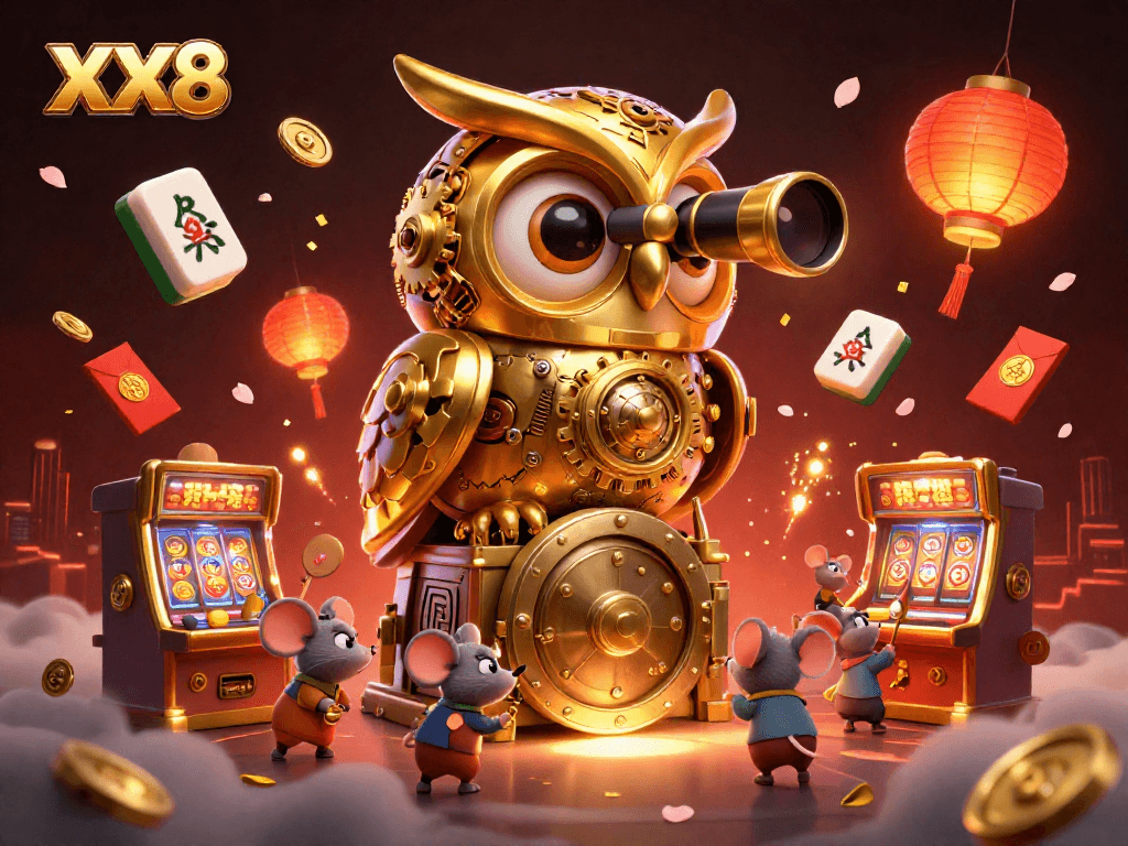 Experience the vibrant action at XX8 Casino with a golden owl overseeing a bustling gaming floor.