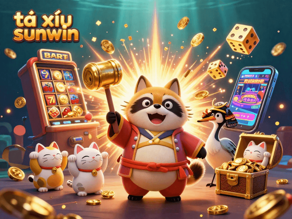 Engage in tài xỉu sunwin action with vibrant characters and a jackpot-themed 3D illustration.