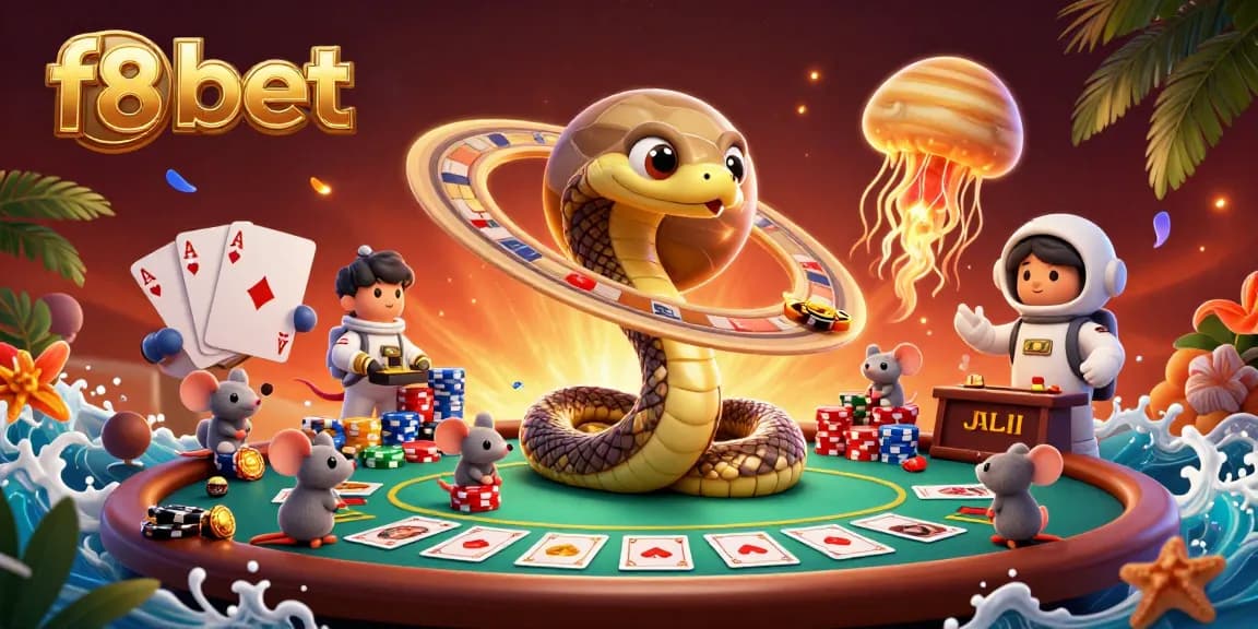 Experience thrilling bets at f8bet with cosmic dealers in a vibrant 3D casino scene.