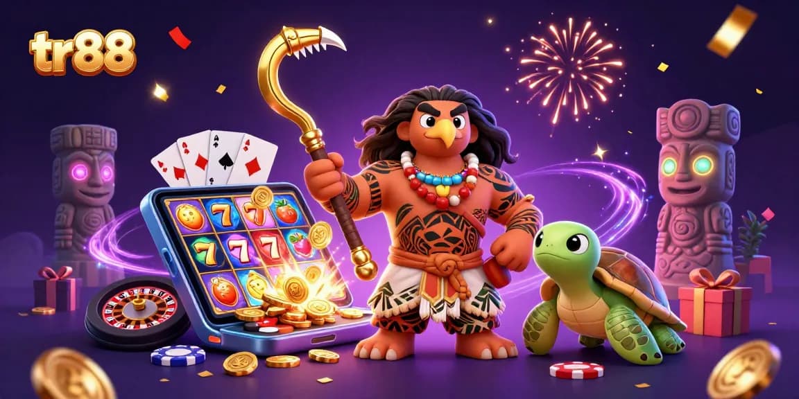 tr88 showcases a vibrant 3D casino scene featuring a demigod and gaming elements.
