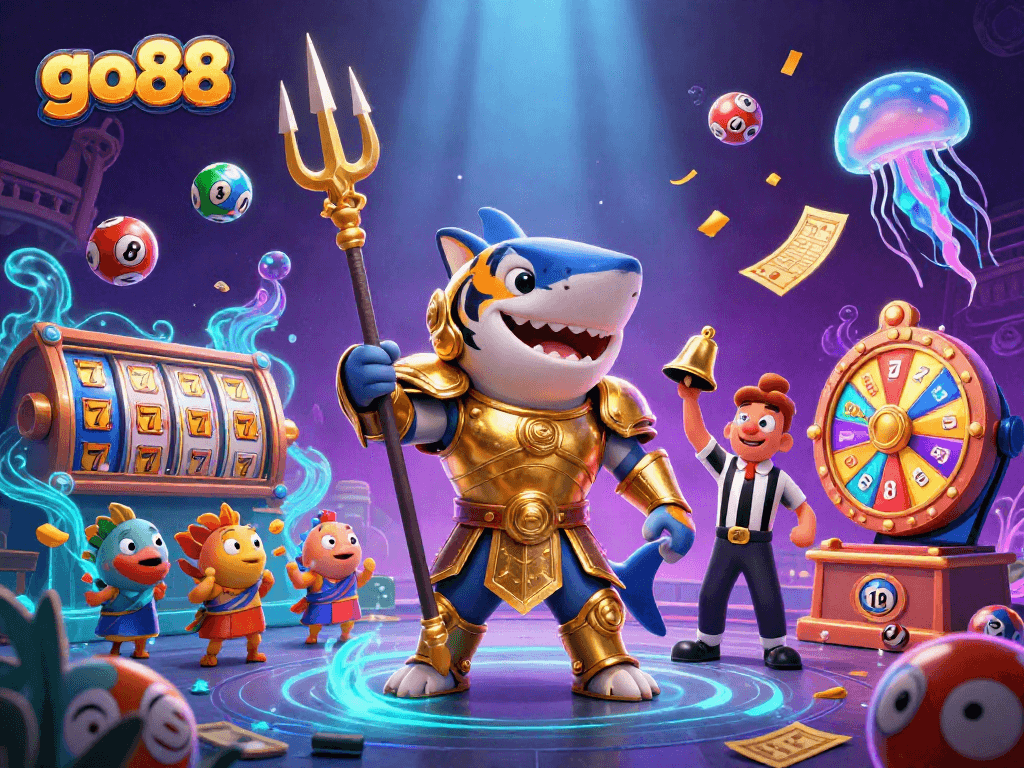 Experience go88's thrilling slot games with this vibrant 3D underwater casino scene.