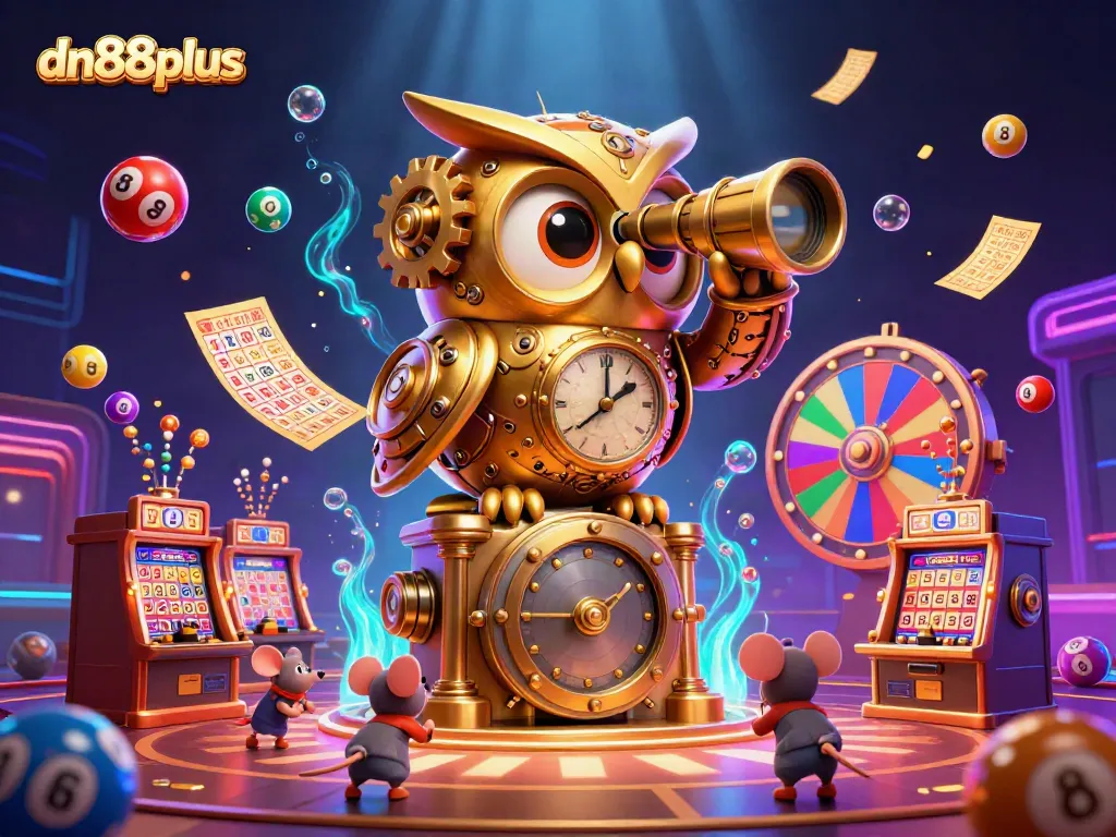 Win big with dn88plus in a vibrant casino scene featuring a golden owl and dynamic game elements.