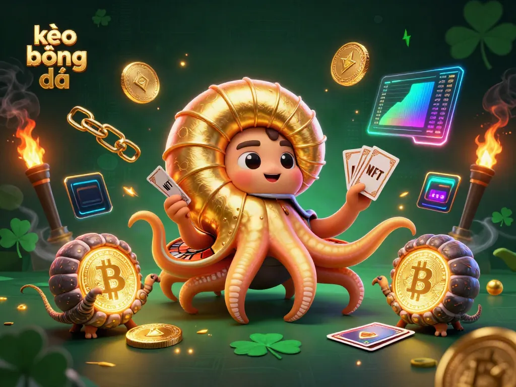 Engaging scene depicting kèo bóng đá with a giant nautilus roulette, glowing fossils, and digital crypto elements for sports betting.