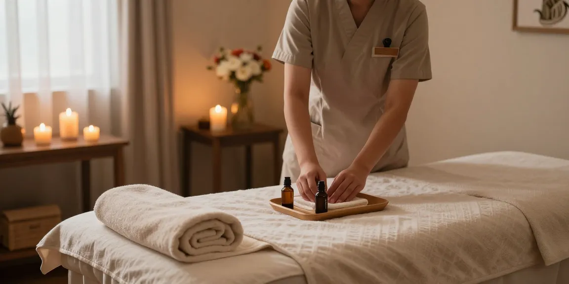 Relaxing motel room for 모텔출장마사지 with professional therapist preparing for a calming massage.