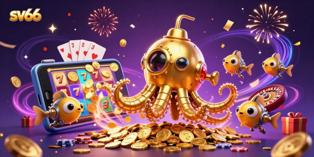 Engage in thrilling gameplay with sv66, showcasing a vibrant 3D casino scene featuring golden coins and slot games.