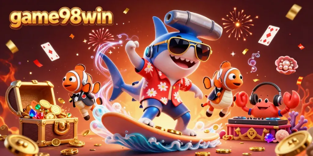 Experience the excitement of game98win surrounded by gold coins and animated casino elements.