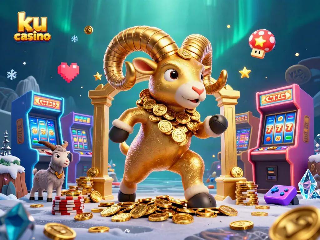 Play games at ku casino with a dynamic scene featuring a golden ram charging at a casino gate, surrounded by vibrant gaming elements.