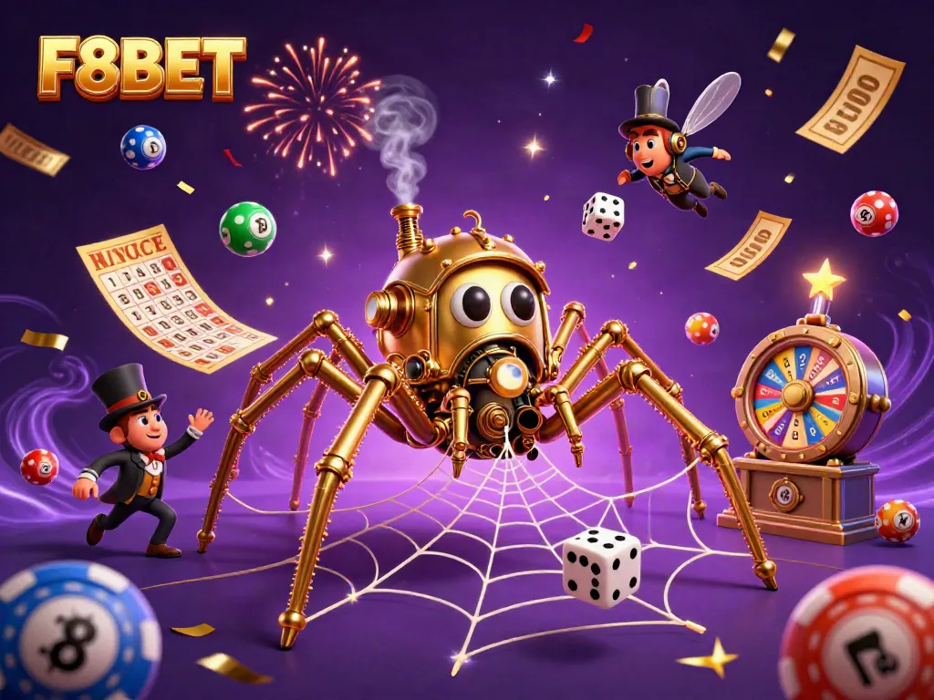 Catch the excitement of F8BET with the playful steampunk spider and dynamic casino elements!