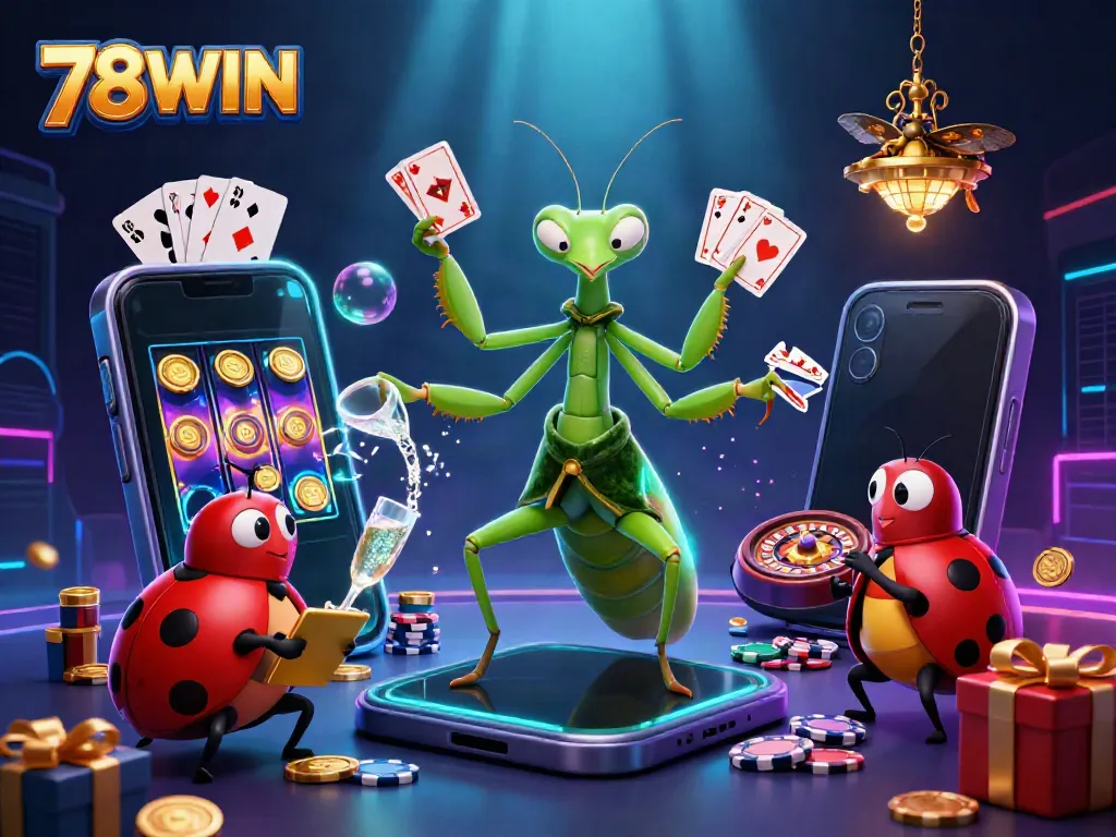 Engage in thrilling 78WIN casino action with a vibrant 3D scene featuring unique characters and games.