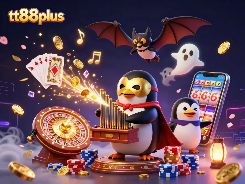 Experience the thrill of tt88plus with a vibrant casino scene featuring a penguin playing an organ surrounded by coins.
