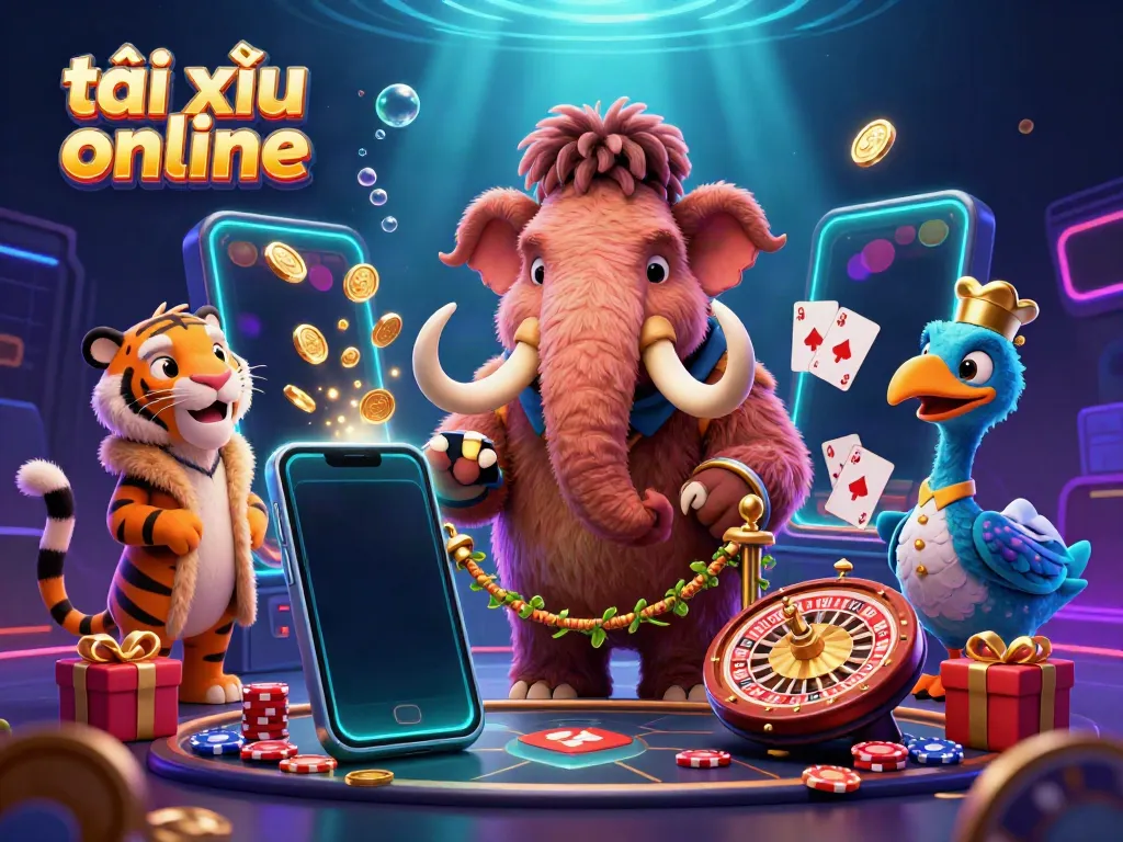 Join the fun at tài xỉu online with vibrant characters and exciting gaming elements in a colorful casino scene.