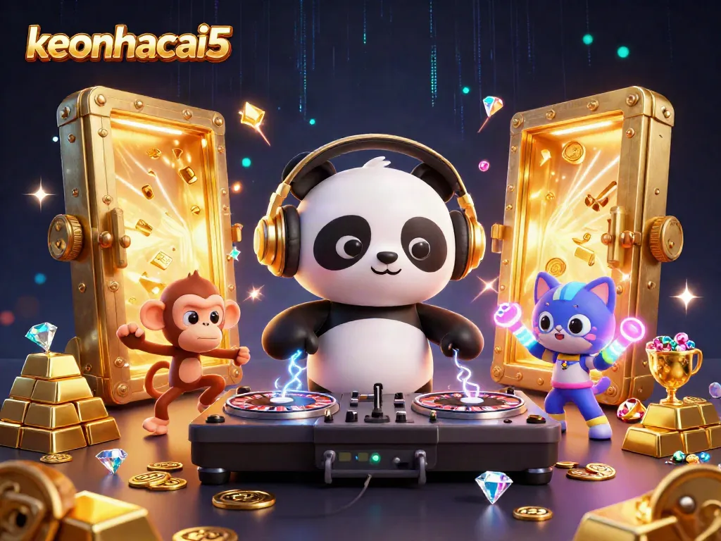 Experience the thrill of keonhacai5 with a DJ panda spinning roulette wheels while a monkey dances amidst glittering treasures.