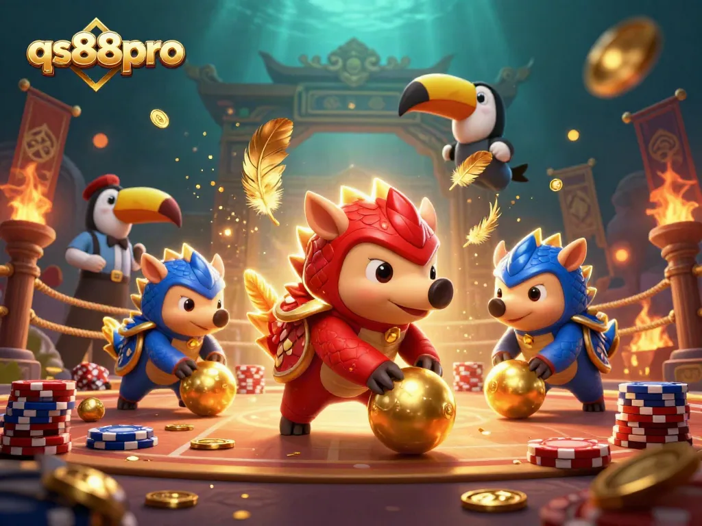 qs88pro pangolins compete in a vibrant casino scene, rolling poker chips and golden balls amidst dynamic action.