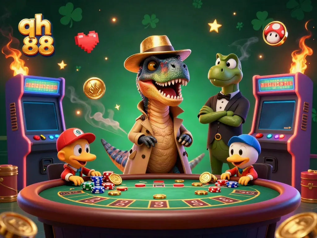Engage with qh 88's vibrant casino scene featuring a velociraptor card counter and colorful arcade machines.