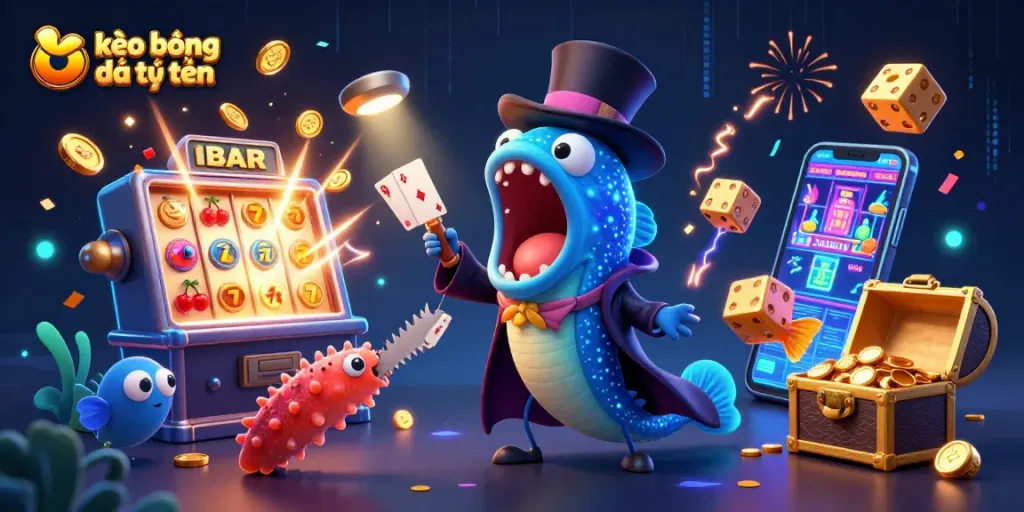 Engage with kèo bóng đá trực tuyến through a vibrant scene filled with dynamic casino elements and deep-sea characters.