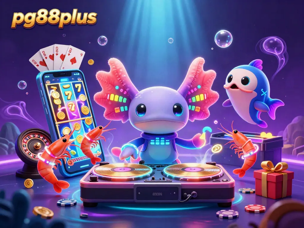 Spinning winning slots on pg88plus with vibrant axolotl DJ and energetic underwater casino scene.