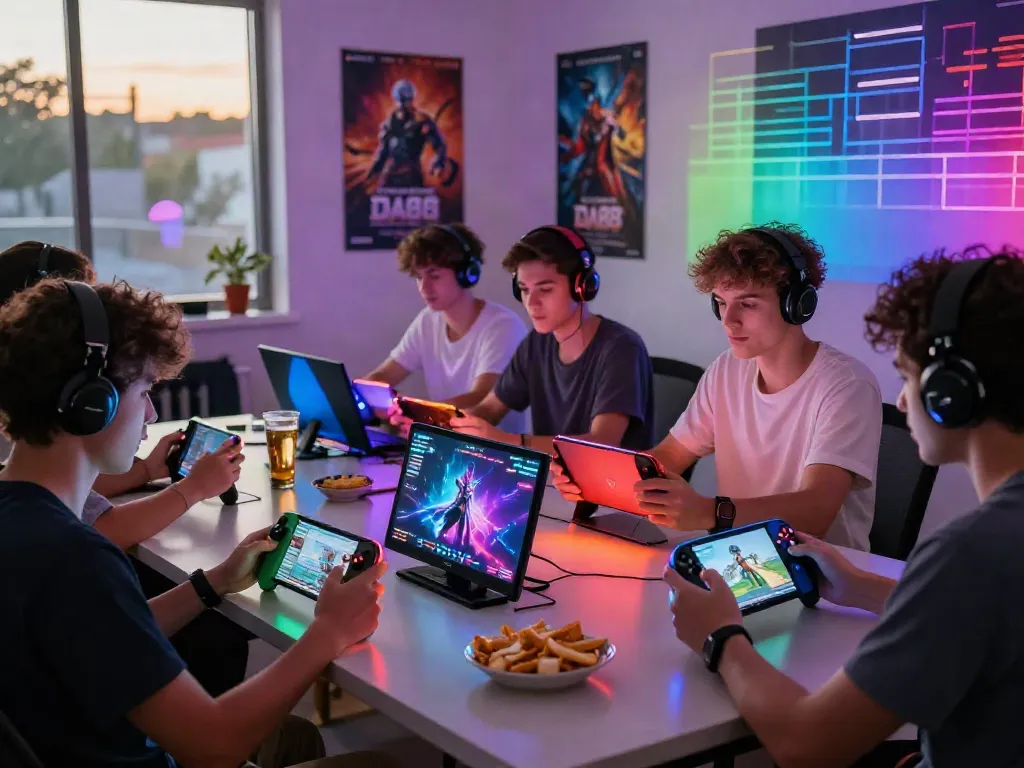 Group of friends enjoying a lively DA88 gaming session with colorful screens and snacks.