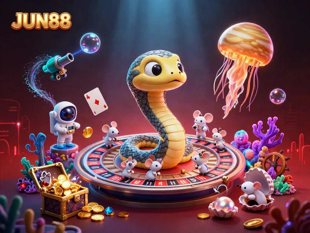 Experience the thrill of JUN88 casino with cosmic elements and vibrant colors.