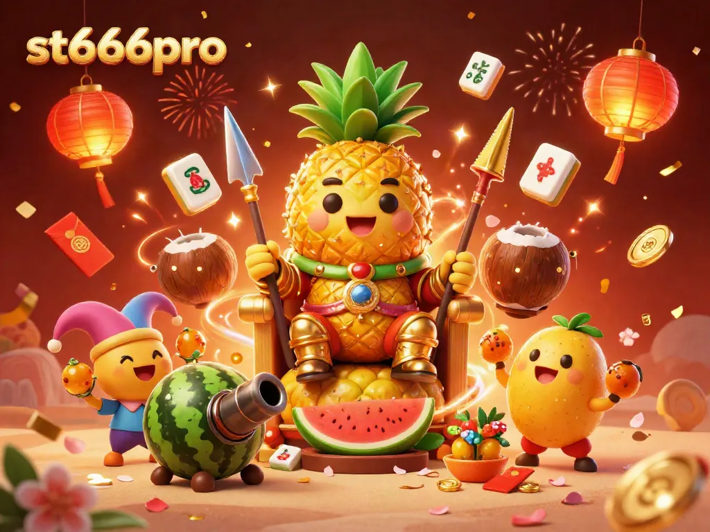 Engage with st666pro's vibrant online casino adventures featuring a golden pineapple king and festive elements.