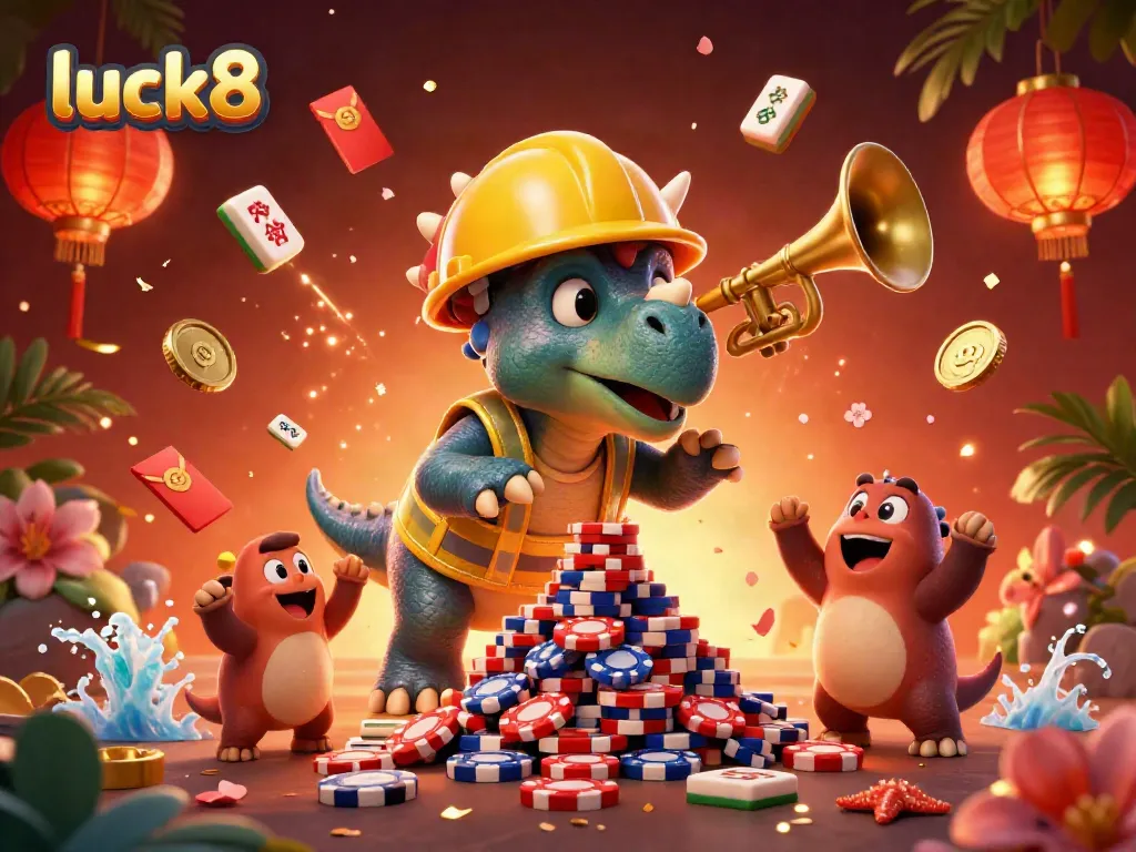 Luck8 celebrates a vibrant casino scene with animated characters triumphantly showcasing poker chips and festive decor.