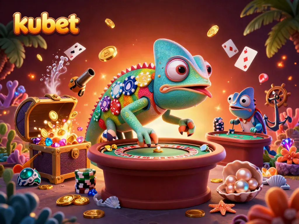 Experience thrilling kubet action with a vibrant 3D casino scene featuring dynamic games and colorful characters.