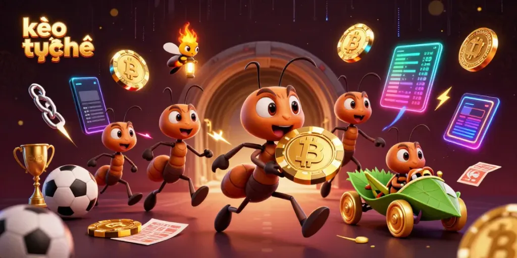 Engage with kèo trực tuyến as ants carry a golden poker chip in a vibrant, animated scene.