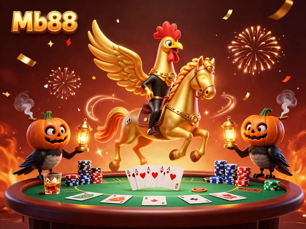 Enjoy thrilling games at Mb88 with a dynamic casino scene showcasing a golden rooster riding a spectral horse.