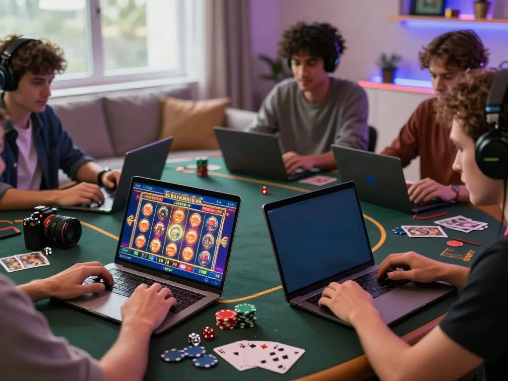 Engaged players enjoying casino games not on Gamstop in a cozy home setting