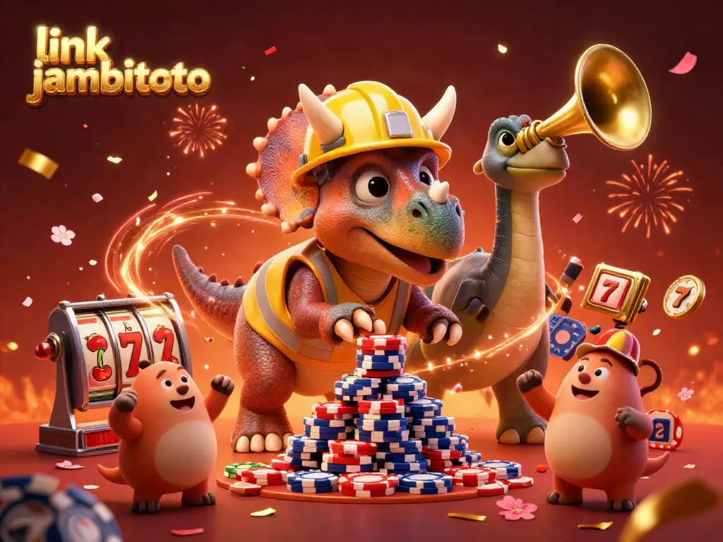 Exciting scene depicting link jambitoto with a playful triceratops, poker chips, and festive elements celebrating gambling.
