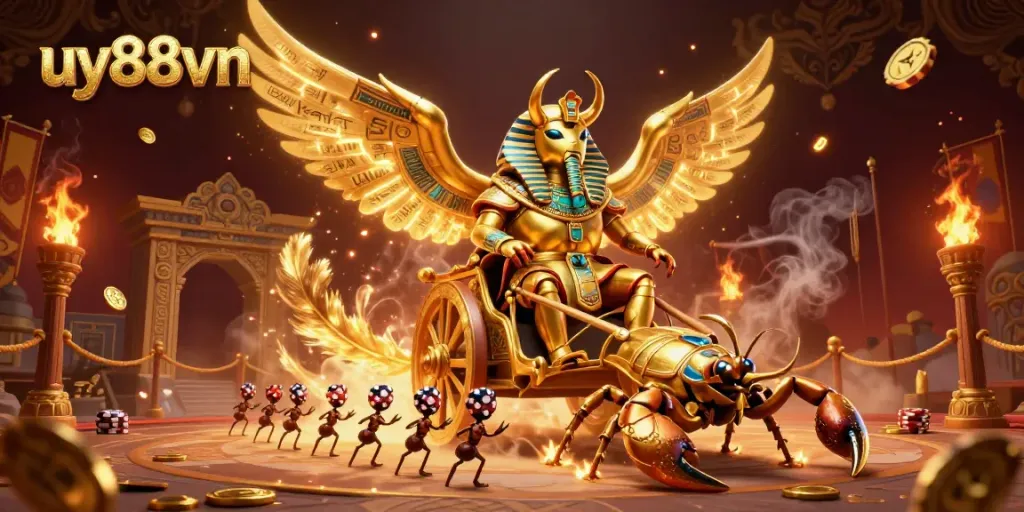 Experience the vibrant excitement of uy88vn with a lively depiction of a 3D golden scarab beetle and scorpions in a casino-themed scene.