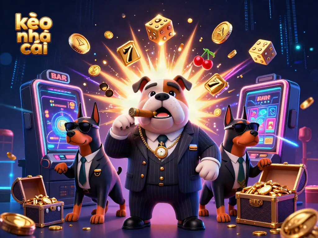 Experience thrilling gameplay with kèo nhà cái illustrated by a cartoon mafia boss and Doberman bodyguards amid a jackpot explosion.
