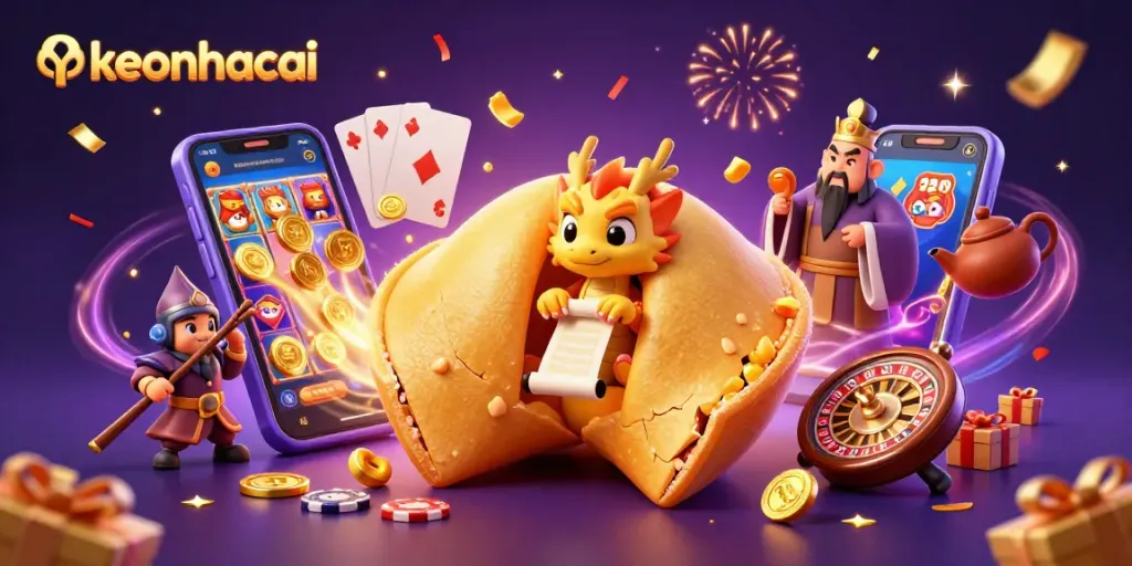 Experience keonhacai with a vibrant 3D illustration of fortune cookies and dynamic casino games.