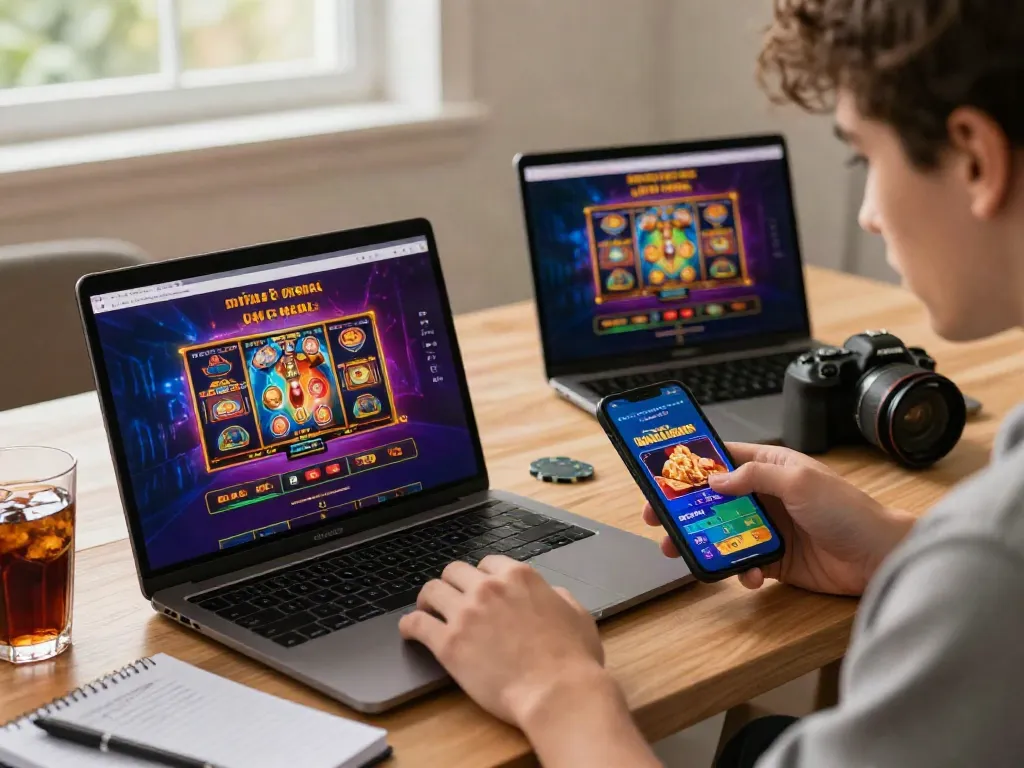 Player enjoying online gaming at casinos that accept credit card in a cozy home setting with vibrant interface.