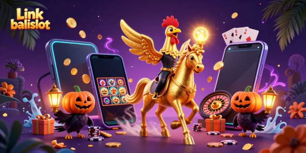 Engage with Link balislot as a golden rooster rides through a casino landscape with vibrant game elements.
