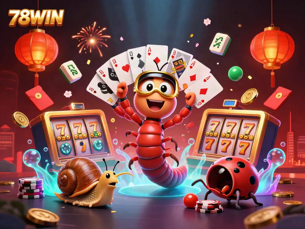 Experience the thrill of 78WIN with a dynamic casino scene featuring a cartoony millipede dealer and exciting game elements.