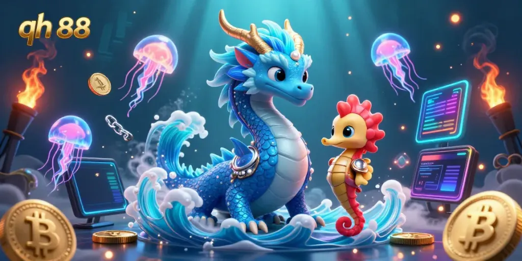 Engage with qh 88's immersive gaming experience illustrated by a mystical dragon and seahorse knight.