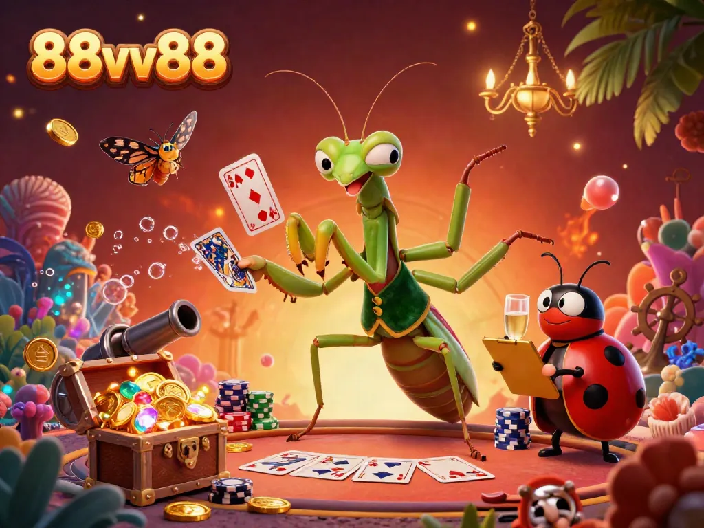 Experience exhilarating gameplay with 88vv88 featuring a vibrant praying mantis card sharp and ladybug pit boss.